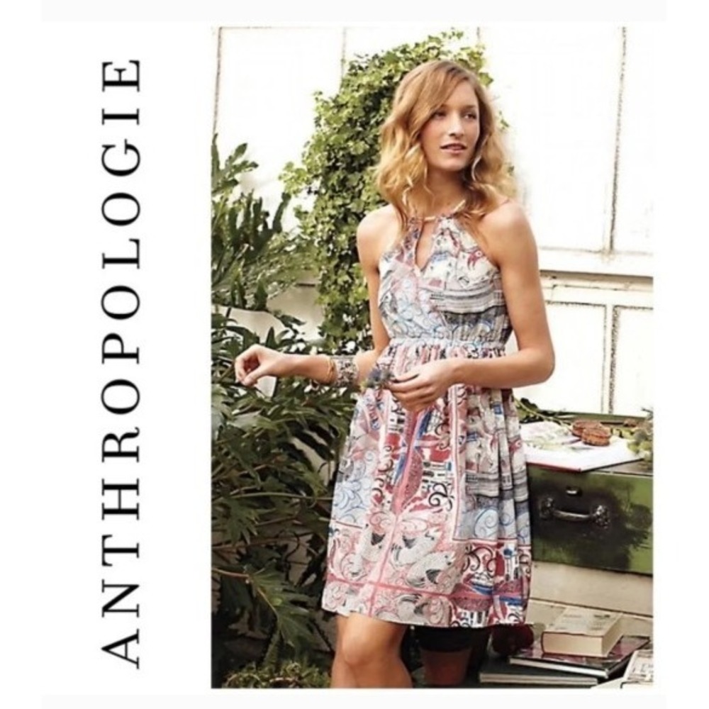 Rare Anthropologie Floreat Castle Lake Nautical Halter Silk‎ Dress Sz Small